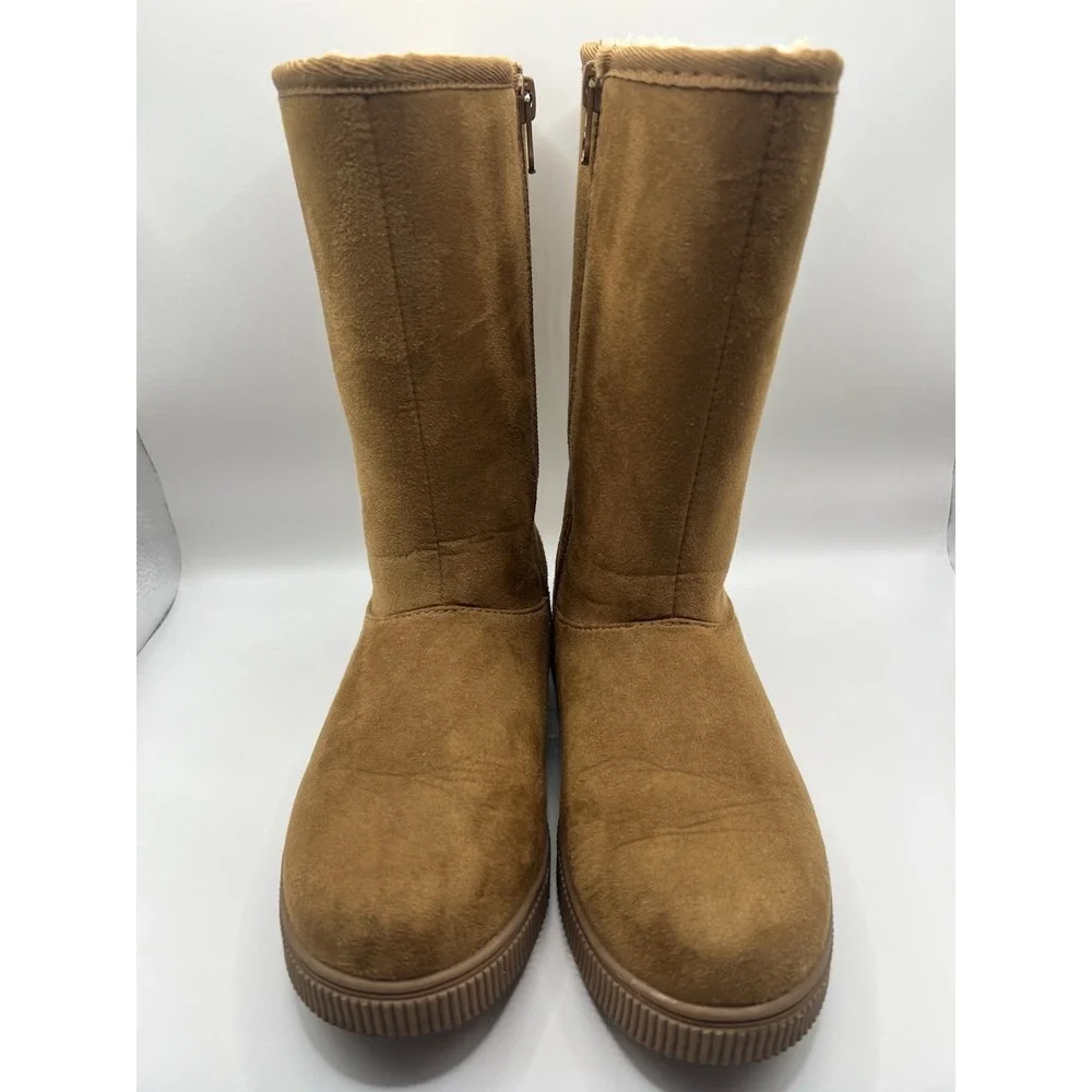 Cat & Jack Girls Winter Boots Size 1‎ Tan Faux Suede Pull On Cozy Lined School